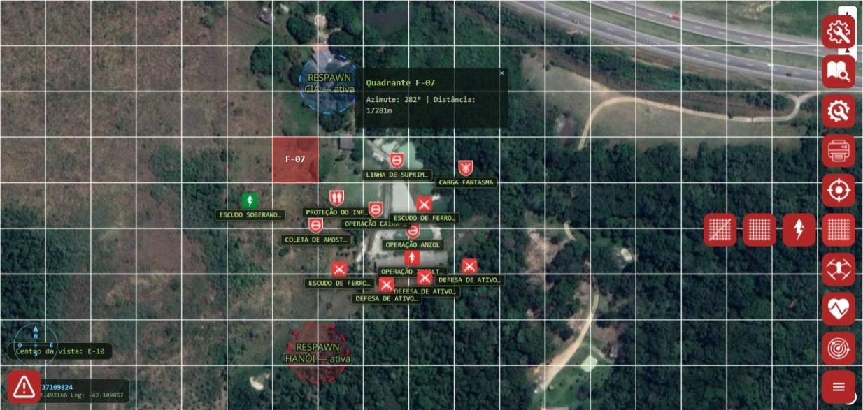 Mapa tático com grade de quadrantes ativa, quadrante F-07 destacado e popup com nome, azimute e distância; rodapé exibe Centro da vista: E-10.